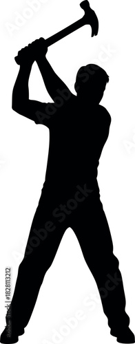 Man silhouette swinging claw hammer over head, powerful action