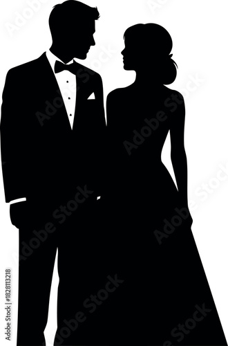 Elegant bride and groom silhouette looking at each other gently