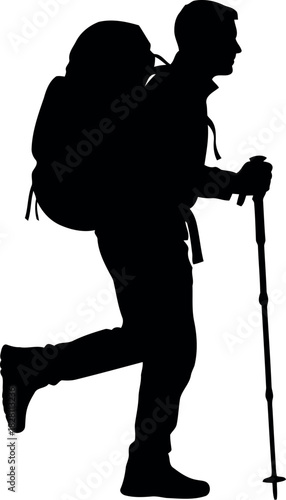 Hiker silhouette with backpack and trekking pole adventure