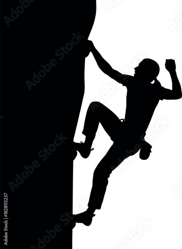 Rock climbing silhouette, person scaling a vertical rock face.