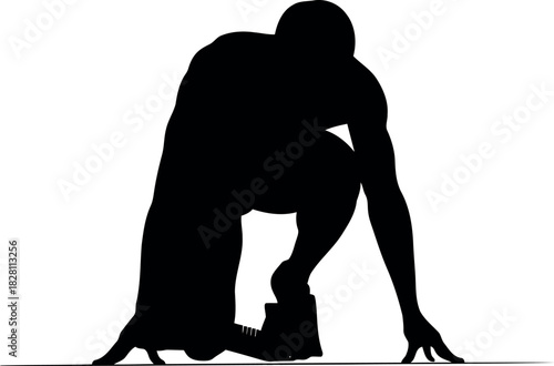 Silhouette of a sprinter in starting blocks, ready to race.