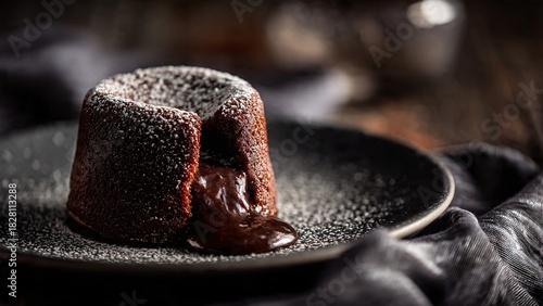 Delicious chocolate lava cake on a dark plate with powdered sugar