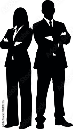 Corporate man and woman stand together in a powerful silhouette
