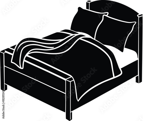 Comfortable bed with soft pillows and blanket in cozy home interior Vector illustration