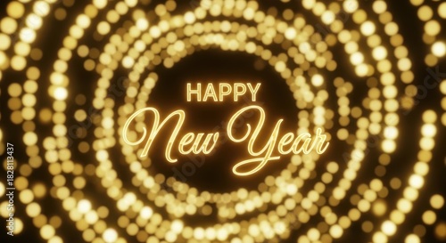 Happy new year glowing text with golden bokeh light tunnel effect