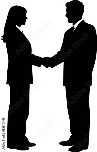 Professional business man and woman shaking hands silhouette