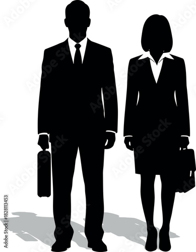 Professional business man and woman silhouettes with briefcases.