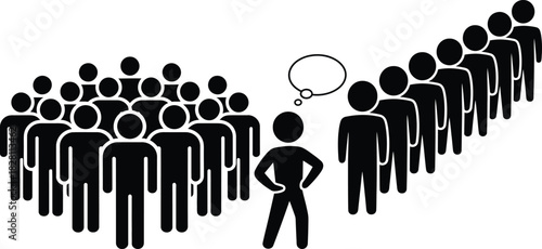 Leader choosing path while group follows and another crowd gathers