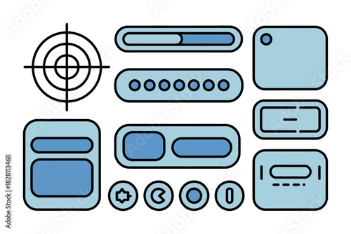 A collection of user interface elements and icons for digital applications.