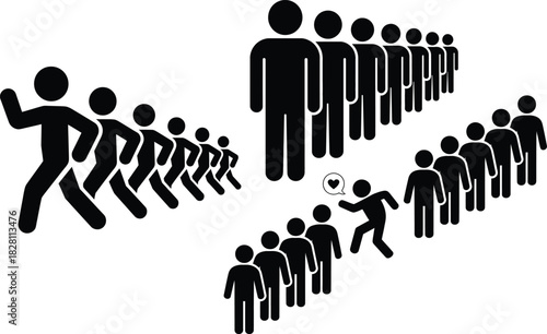 Human social dynamics: following, waiting, and a person breaking free.