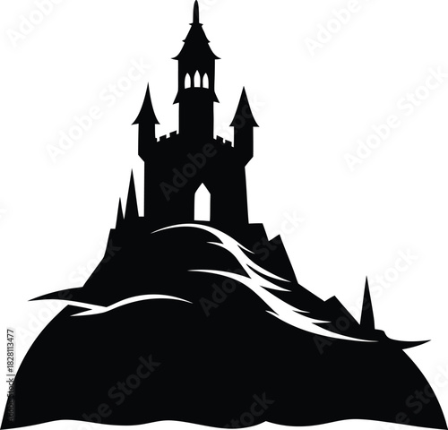 Castle tower rising on a hill in dramatic fantasy evening scenery Vector illustration