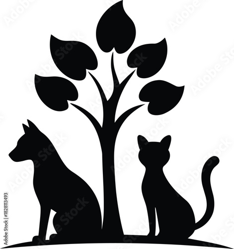 Cat and dog sitting side by side beneath a peaceful tree scene Vector illustration