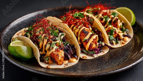 Delicious tacos with fresh ingredients served on a decorative plate closeup