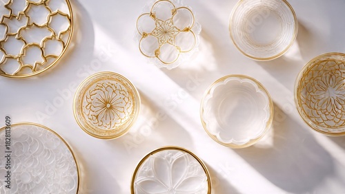 Elegant decorative plates arranged on white surface with golden accents