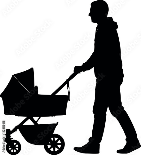 Father pushing baby pram silhouette isolated on white background