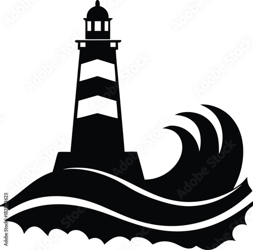 Lighthouse on cliff with waves crashing in marine coast setting Vector illustration