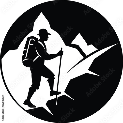 Hiker climbing a steep rocky path in bold adventure travel scene Vector illustration