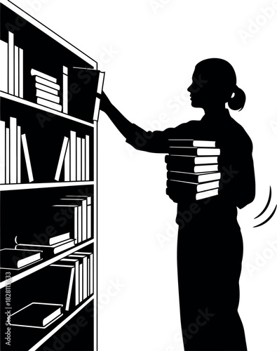 Student organizing books on shelf, holding stacked library literature