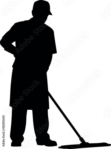 Cleaning worker silhouette mopping floor, facility maintenance task