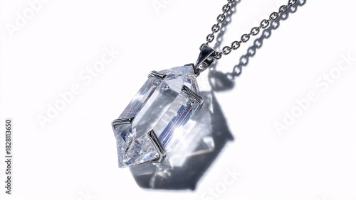 Elegant diamond pendant necklace with faceted gemstone on white background