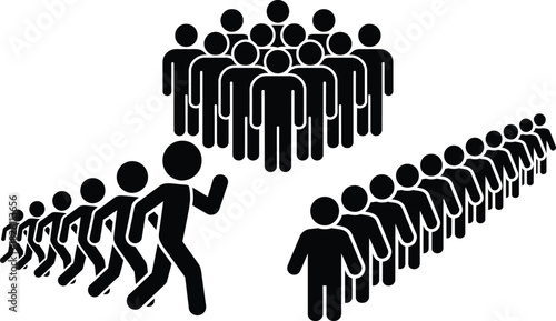 Stick figures: group, lines, leader, followers, teamwork, community