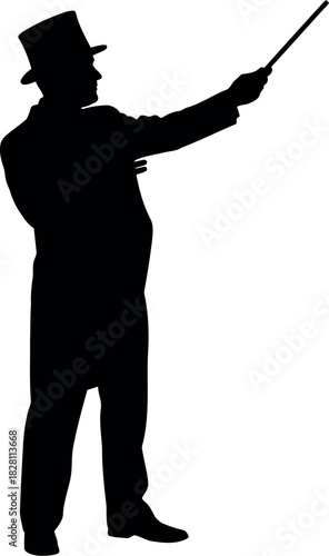 Classic gentleman silhouette in top hat pointing a magic wand
