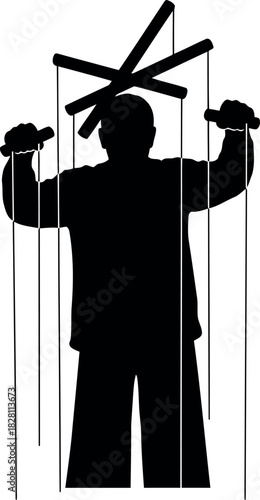 Human silhouette manipulated by strings of a puppet controller