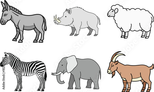 Mixed farm and wildlife animals set in simple clean style Vector illustration