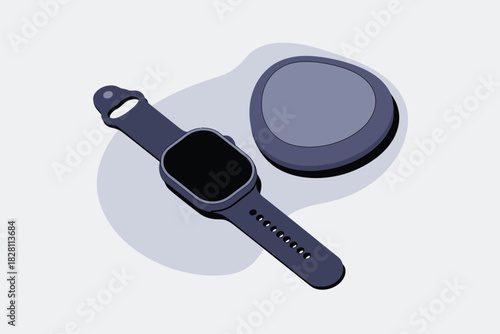 A modern smartwatch and its charging base are displayed on a neutral background.