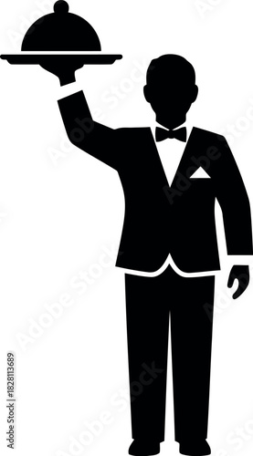 Professional waiter serving food with a cloche tray silhouette icon