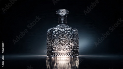 Elegant glass bottle illuminated against dark background studio shot