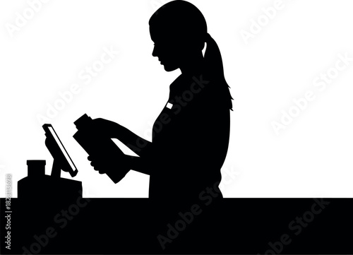 Silhouette of a female retail worker scanning product at checkout