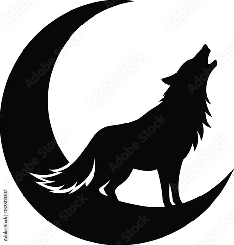 Wolf howling at a crescent moon in dramatic atmospheric night Vector illustration