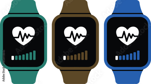 Three smartwatches display heart rate and fitness tracking data on their screens.