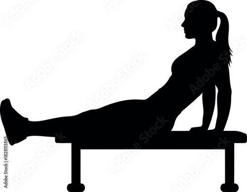 Silhouette of woman doing fitness exercise on bench for training.