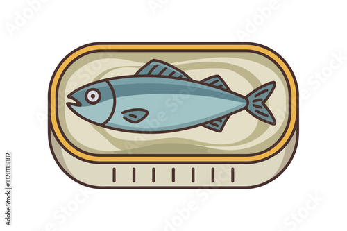A single canned fish is displayed within its packaging, ready for consumption.