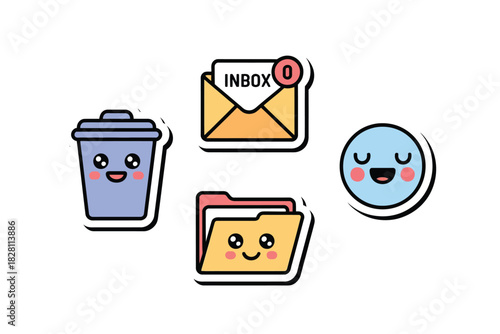 Cute digital icons represent email, trash, folders, and happy emotions for office or personal use.