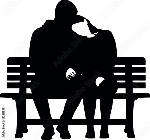 Romantic couple silhouette embracing on park bench vector design
