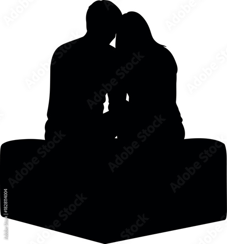 Silhouette of a loving couple embracing, sitting on a sturdy seat