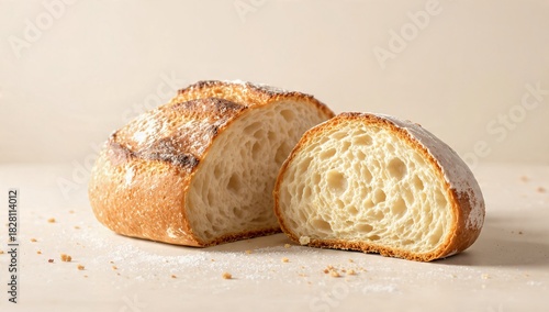 Freshly baked artisan bread loaf and slice with textured crust on neutral backdrop