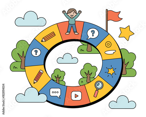 A child celebrates success on a colorful, circular game board representing learning and exploration.