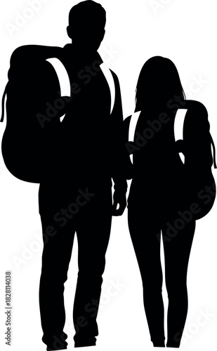 Couple hikers with backpacks ready for adventure journey travel