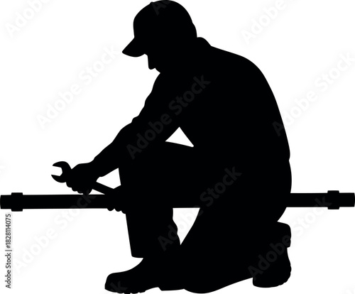 Skilled worker repairing plumbing pipe with wrench silhouette graphic