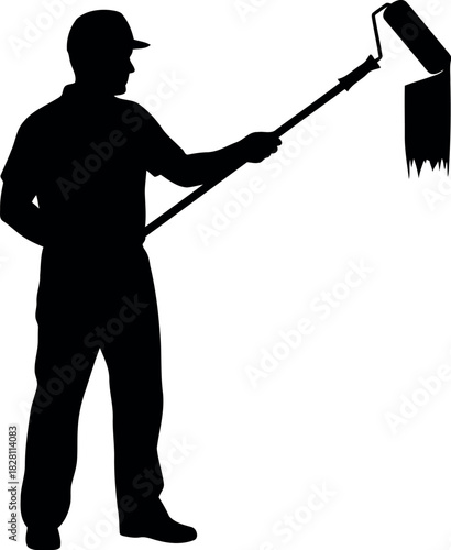 Professional painter with roller applying paint, worker silhouette.