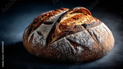 Freshly baked artisan bread loaf on dark background culinary photography