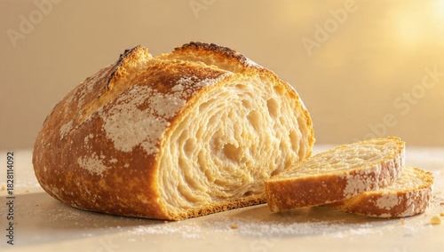 Freshly baked artisan bread with sliced loaf on a wooden surface