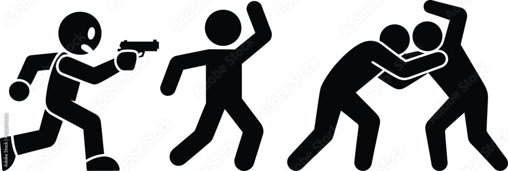 Naklejka premium Crime and conflict pictograms: stick figures in various aggressive acts