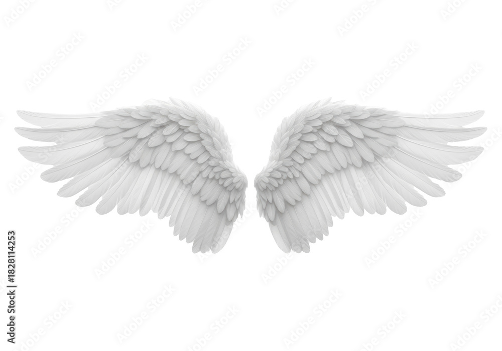 Obraz premium A pair of transparent, fluffy angel wings, intricately detailed with visible individual feathers, gracefully unfurled against a transparent studio background with copy space, soft bright lighting.