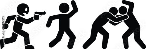 Crime and conflict pictograms: stick figures in various aggressive acts