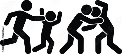 Stick figure illustration of conflict, violence, and struggle